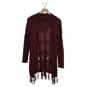 Moral Fiber Cardigan Sweater Size Large‎ Burgundy Open Front Knit Fringe Hoodie